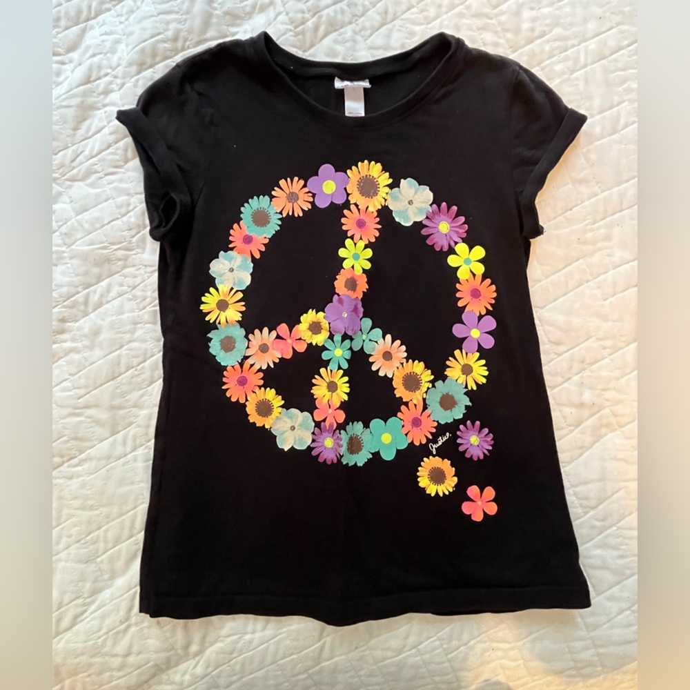 Justice Black Short Sleeve Tee with Floral Peace Design